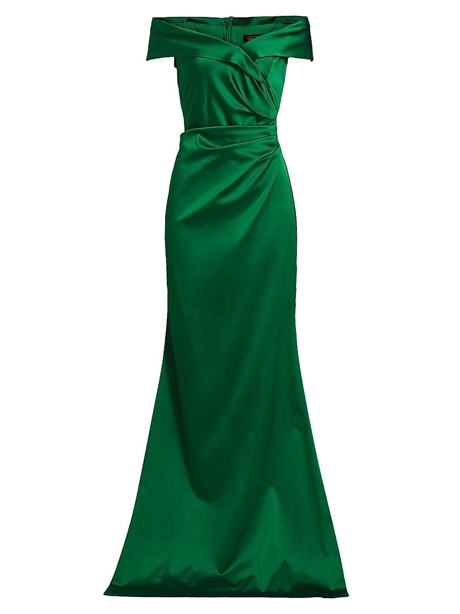 Women's Satin Off-The-Shoulder Gown - Emerald - Size 18
