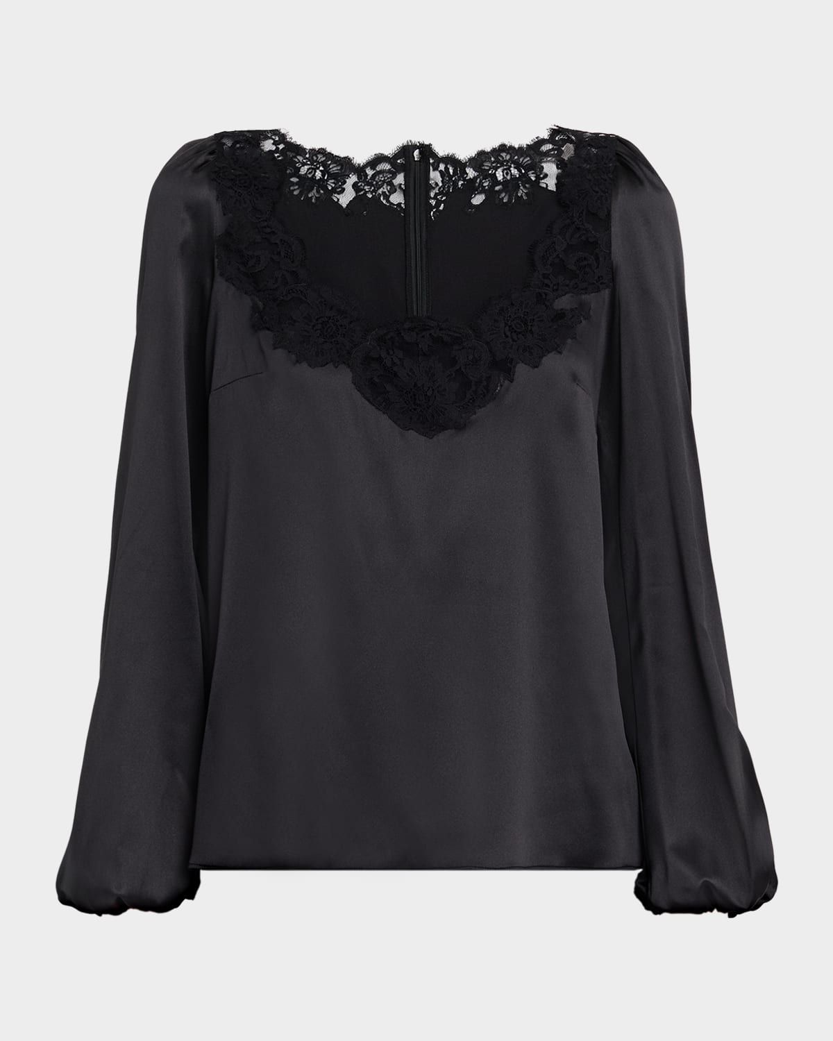 Lace-Trim Balloon-Sleeve Silk Blouse