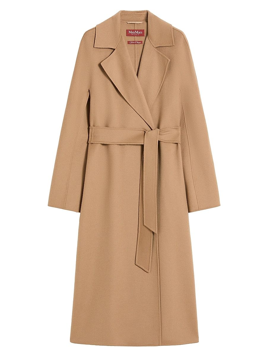 Women's Long Wool Cashmere and Silk Coat - Camel - Size 14