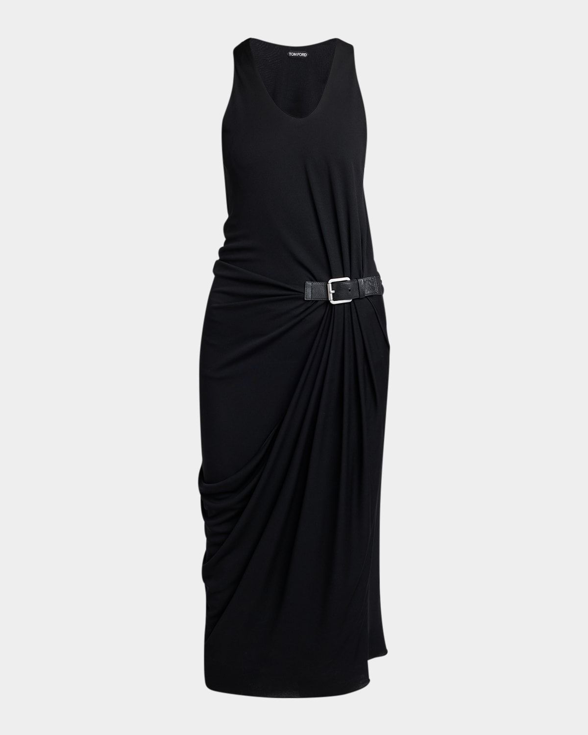 Buckle Gathered Crepe Jersey Sleeveless Midi Dress