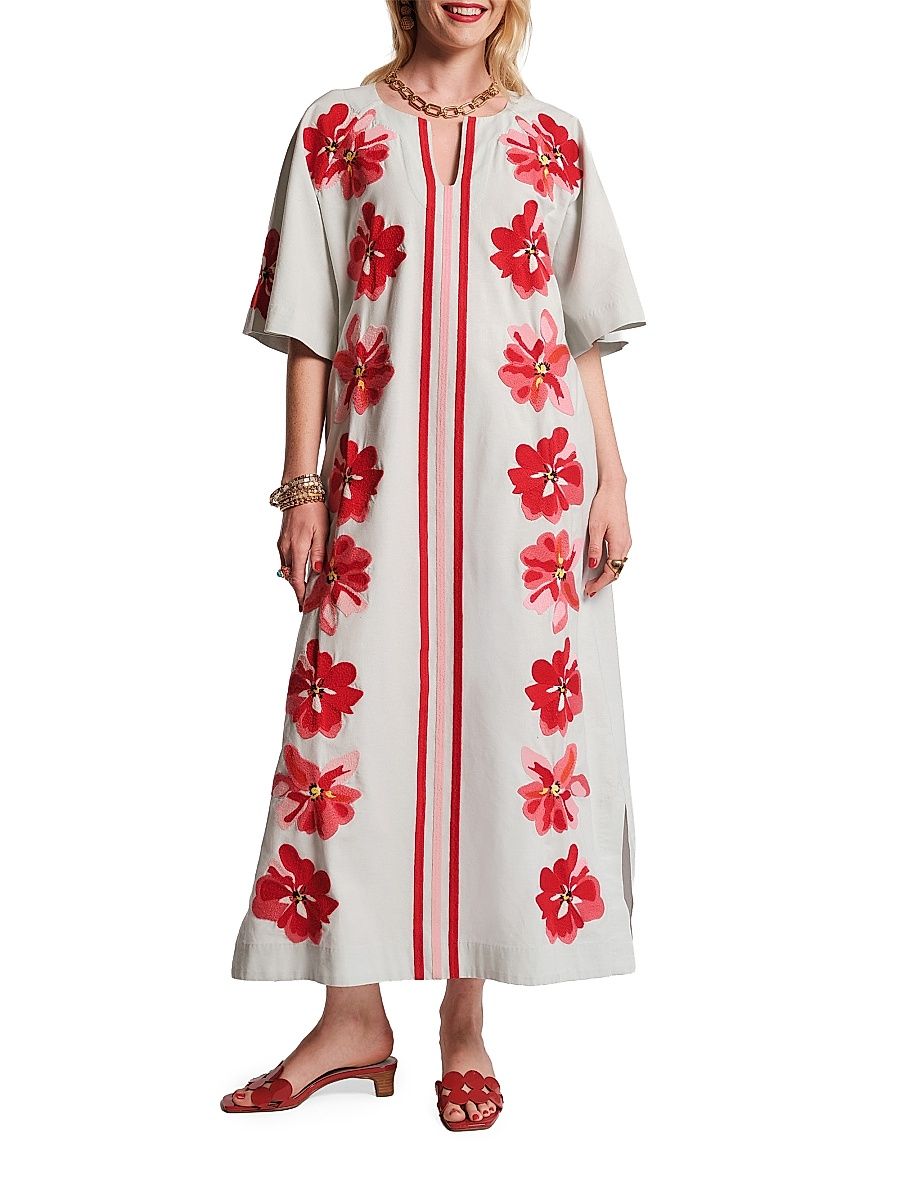 Women's Charming Embroidered Striped Caftan-Style Maxi Dress - Light Blue Red - Size XL