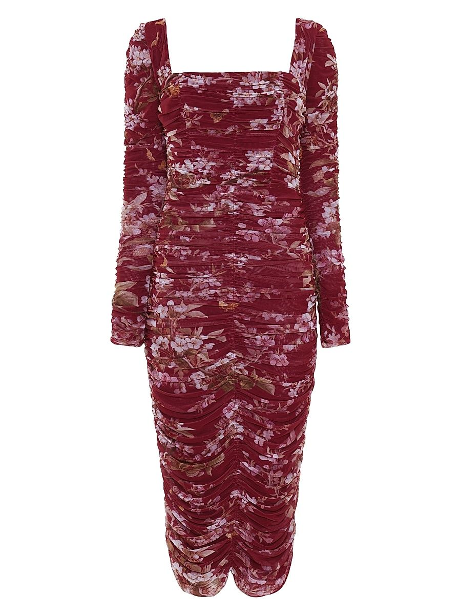 Women's Ruched Stretch Tulle Midi-Dress - Dark Red - Size 6