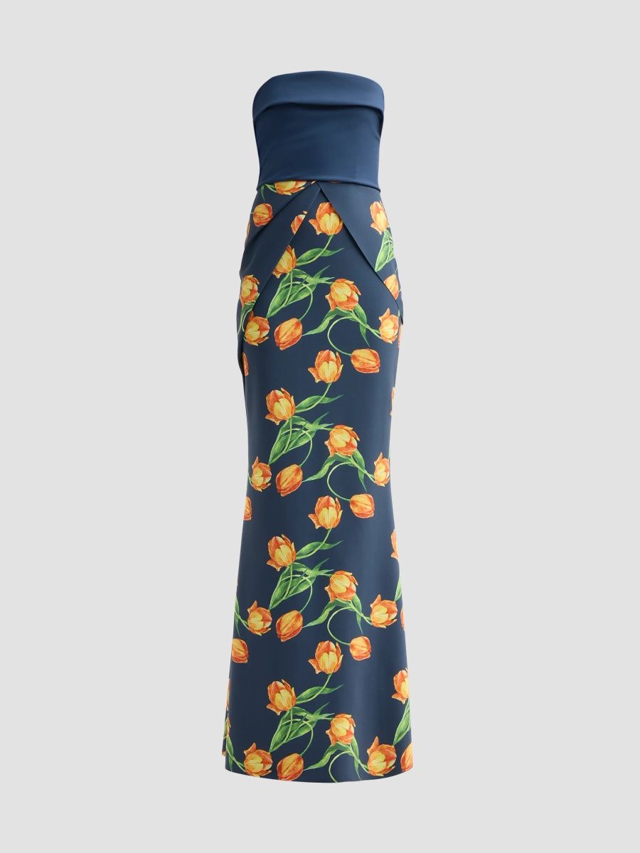 Chiara Boni La Petite Robe Women's Sharuki Floral Strapless Sheath Gown - Blue Artico Tulip - Size 16