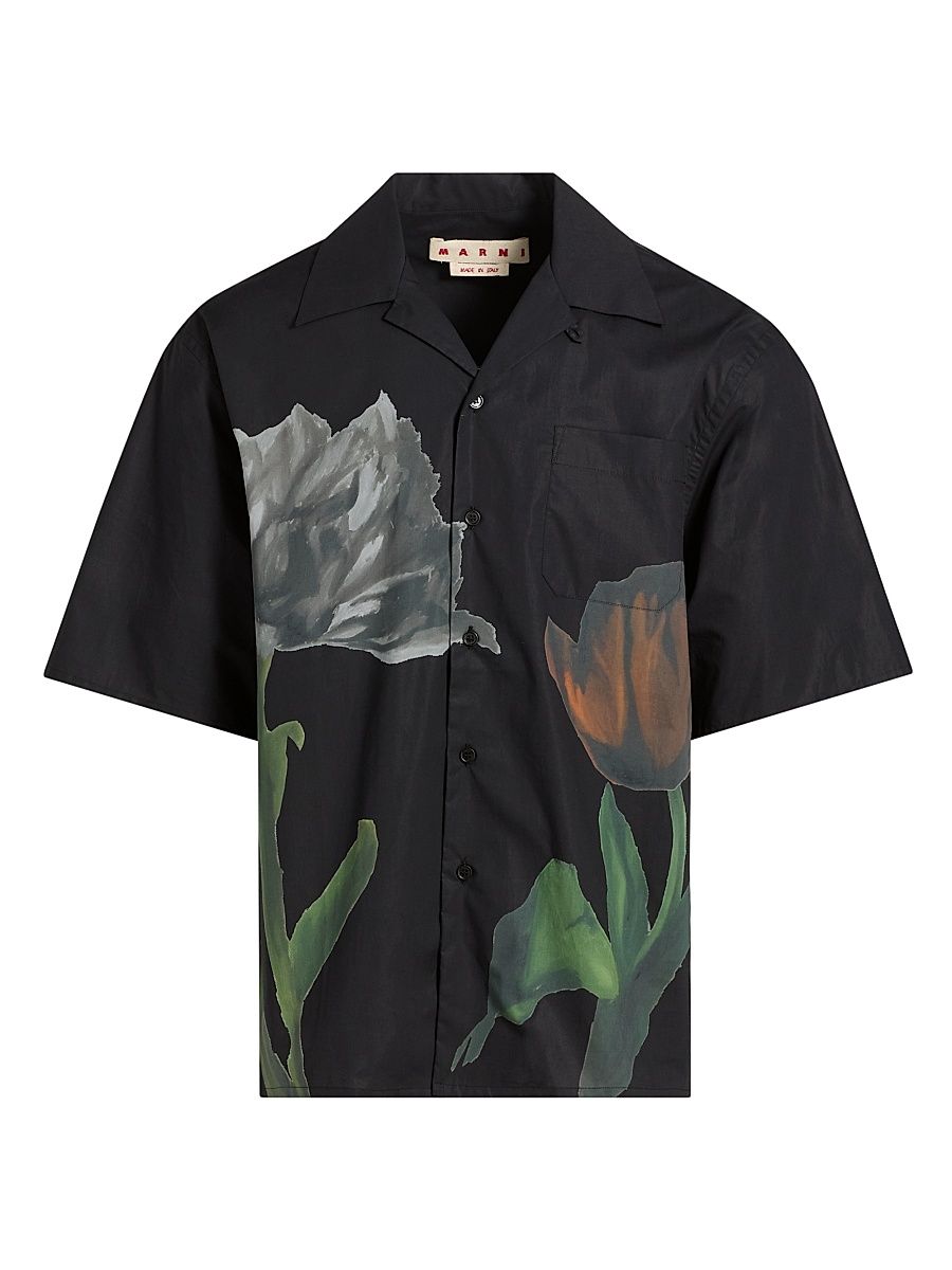 Men's Tulip Cotton-Poplin Bowling Shirt - Black - Size 40