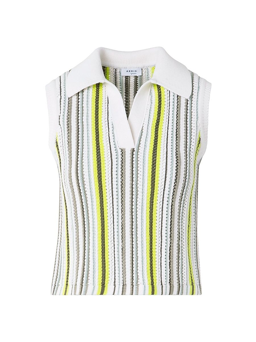 Women's Striped Knit Crop Polo Shirt - Khaki Multi - Size 10