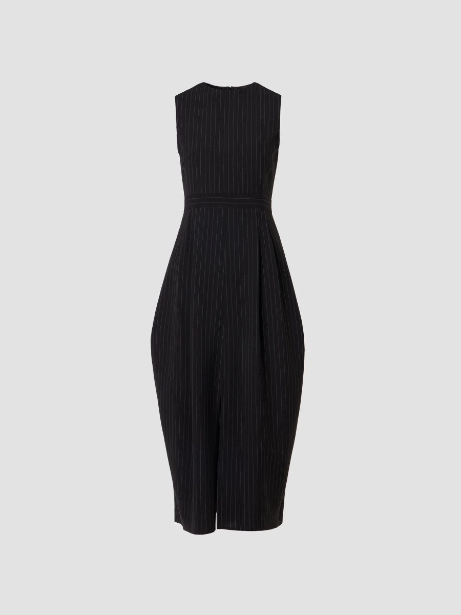 Akris punto Women's Pinstriped Virgin Wool Crepe Bubble Midi Dress - Black Cream - Size 14
