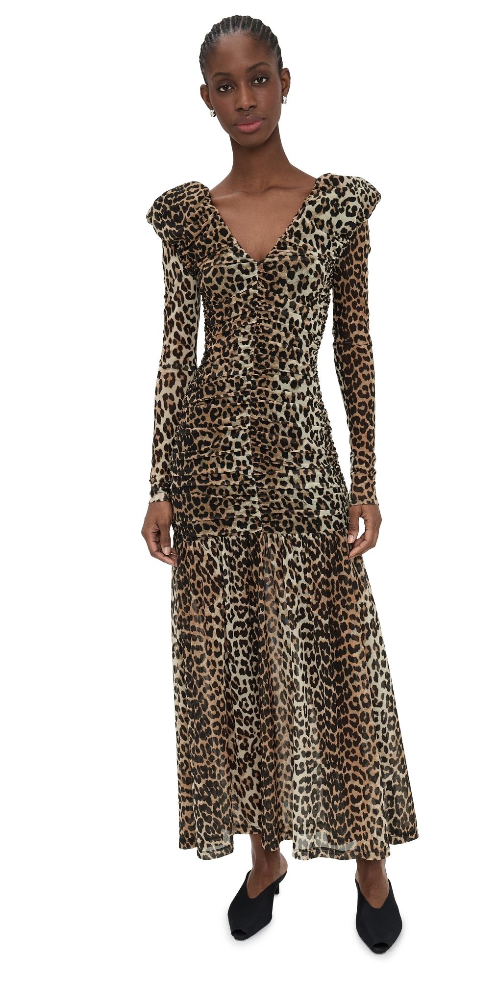 GANNI Printed Mesh Long Ruched Dress Big Leopard Almond Milk 40