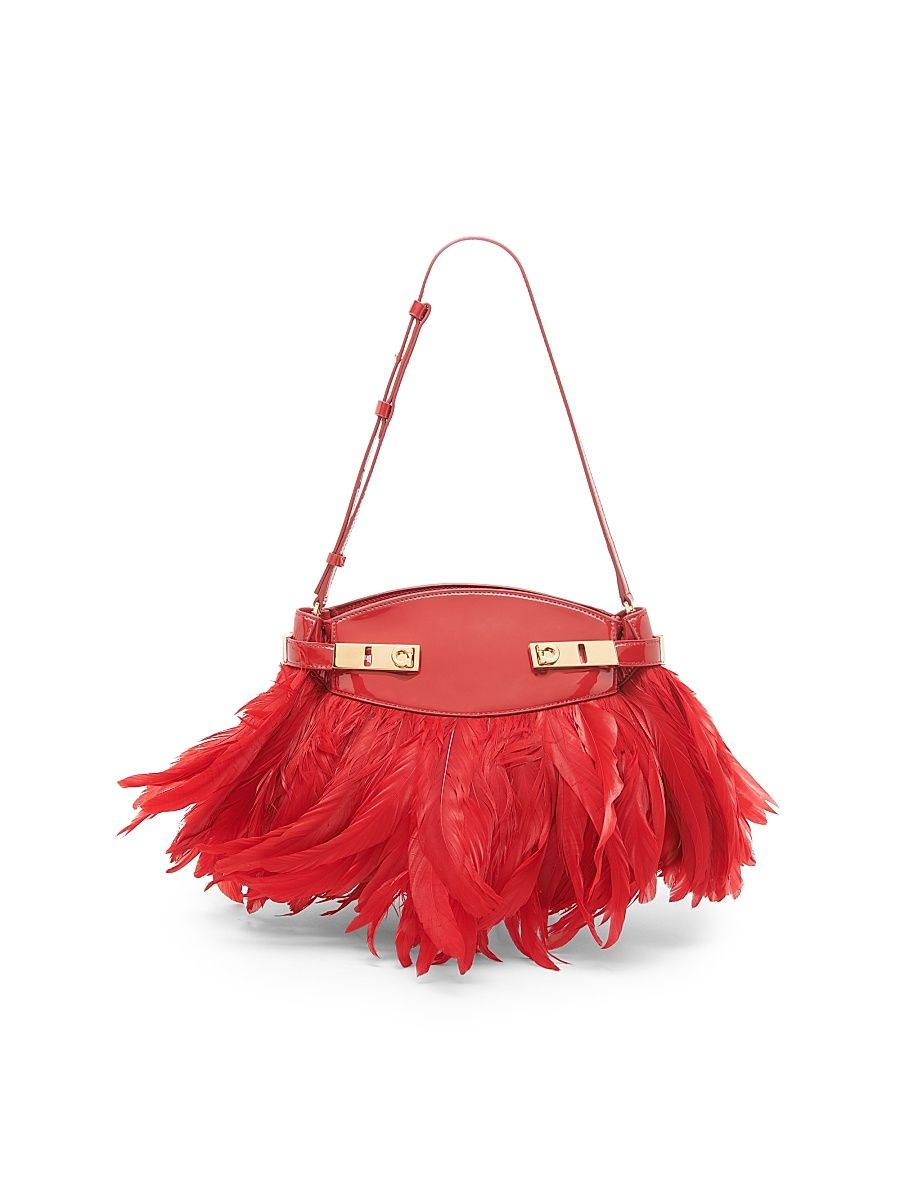 Women's Gancini Feather-Trimmed Leather Shoulder Bag - Rosso