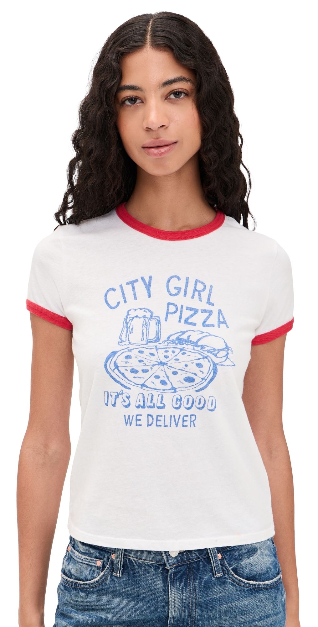 MOTHER Petite The Lil Goodie Ringer Tee City Girl Pizza XL