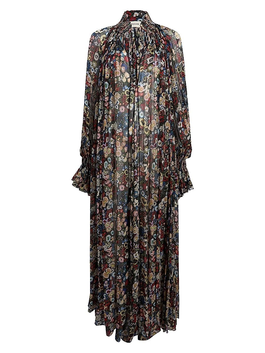 Women's Edgar Floral Pleated Silk Gown - Black Multi - Size Large