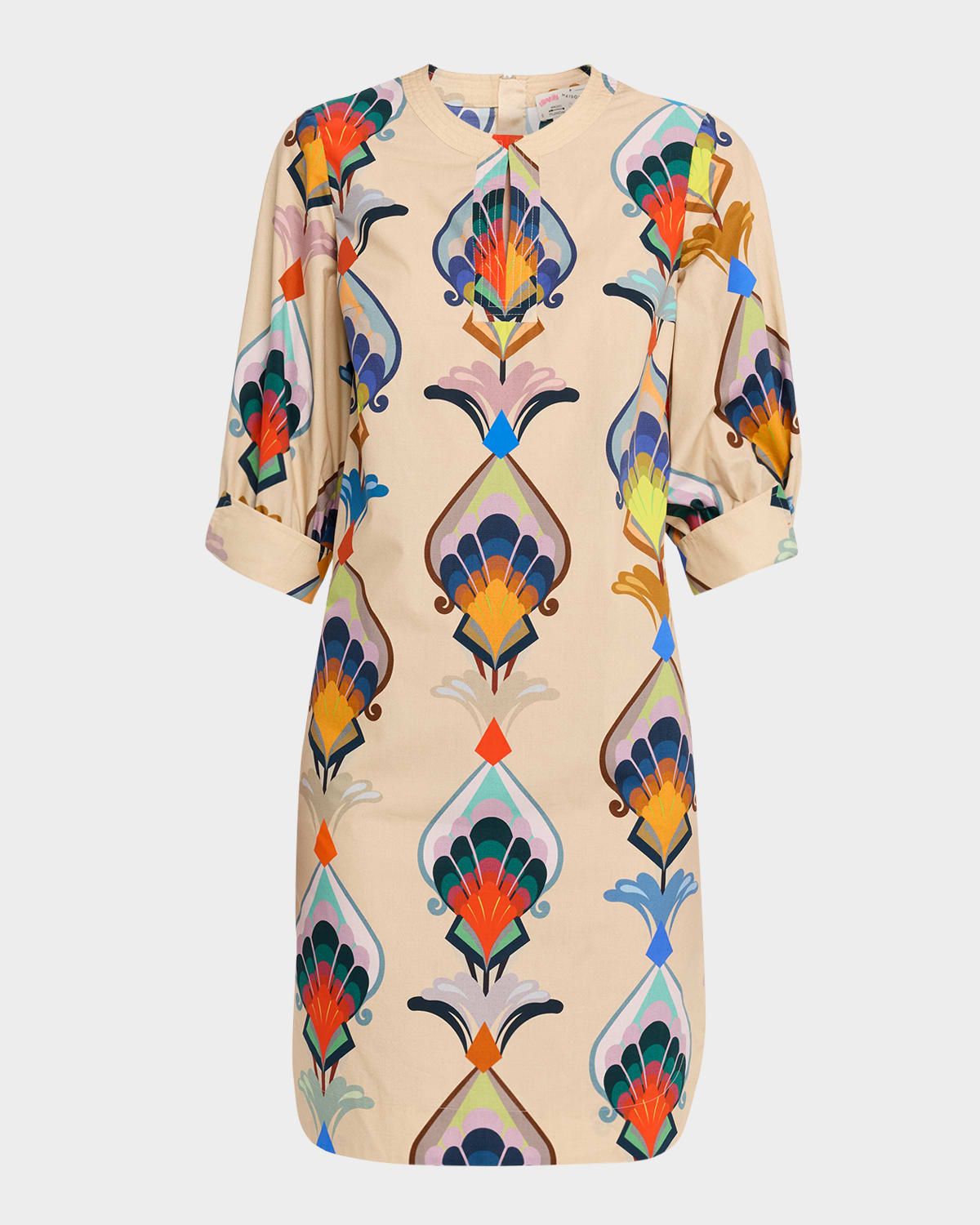 Abstract-Print Cotton Poplin 3/4-Sleeve Dress