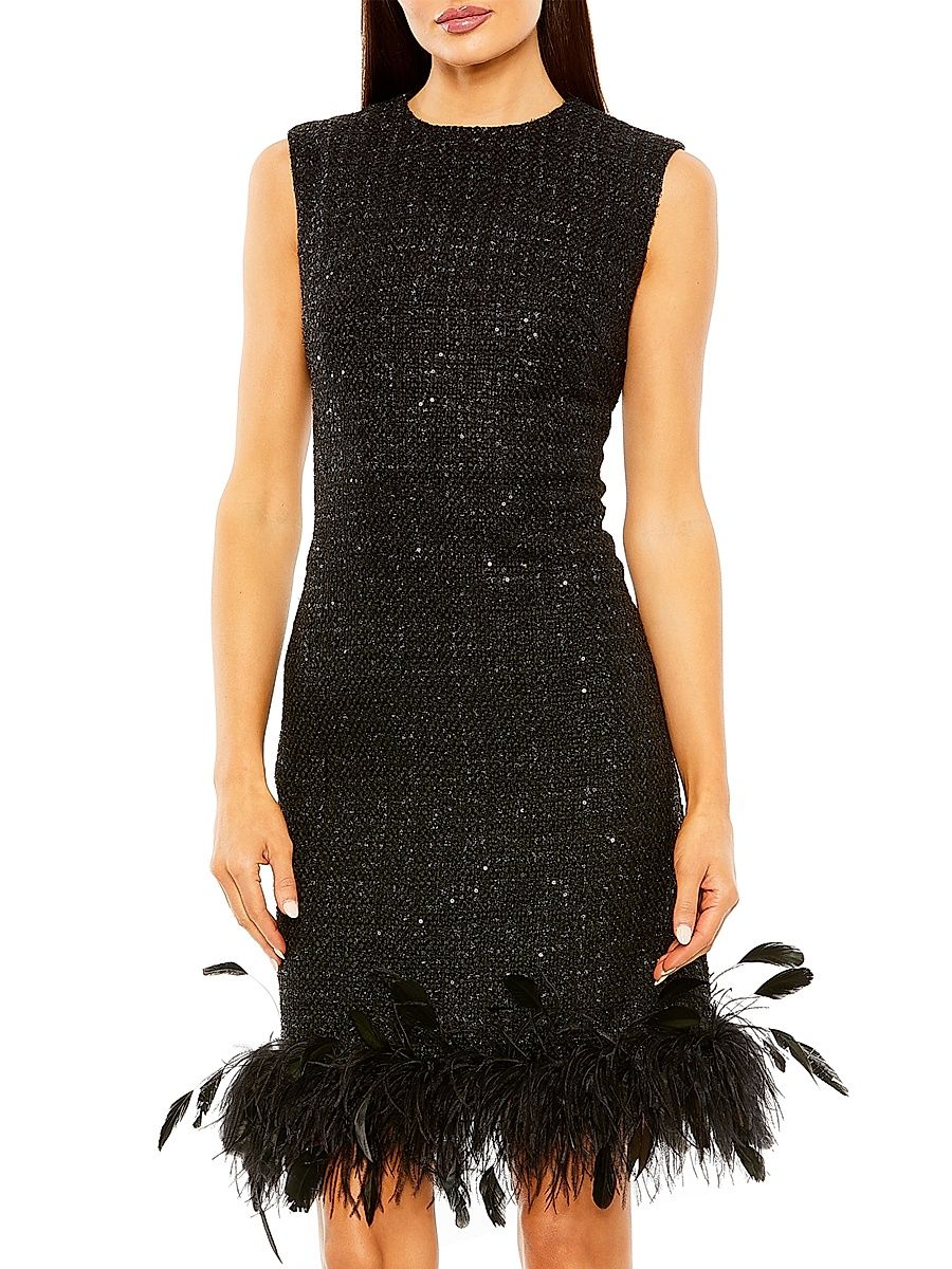 Women's Ieena 2 Feather-Trimmed Tweed Sheath Midi-Dress - Black - Size Large
