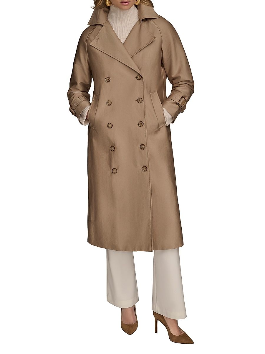 Women's Cotton-Blend Double-Breasted Trench Coat - Khaki - Size XS