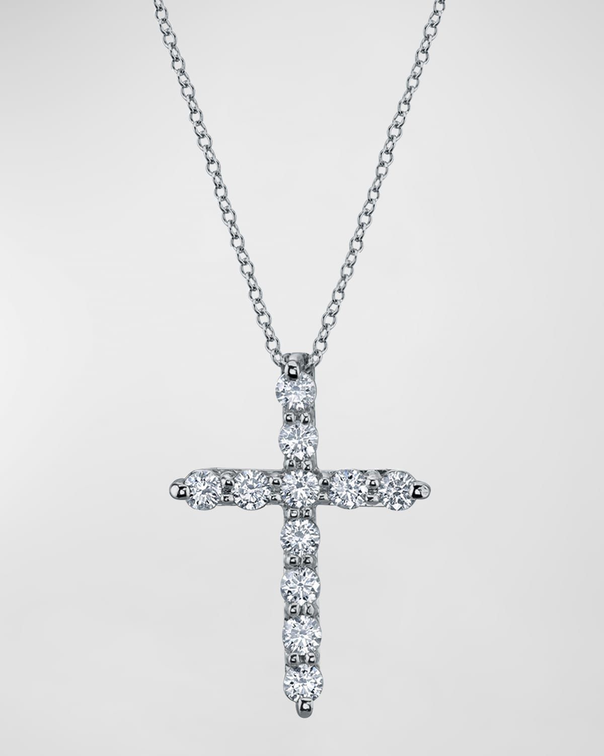 18K Gold 11-Stone Shared Prong Round Diamond Cross Necklace, 16"L, 0.50tcw