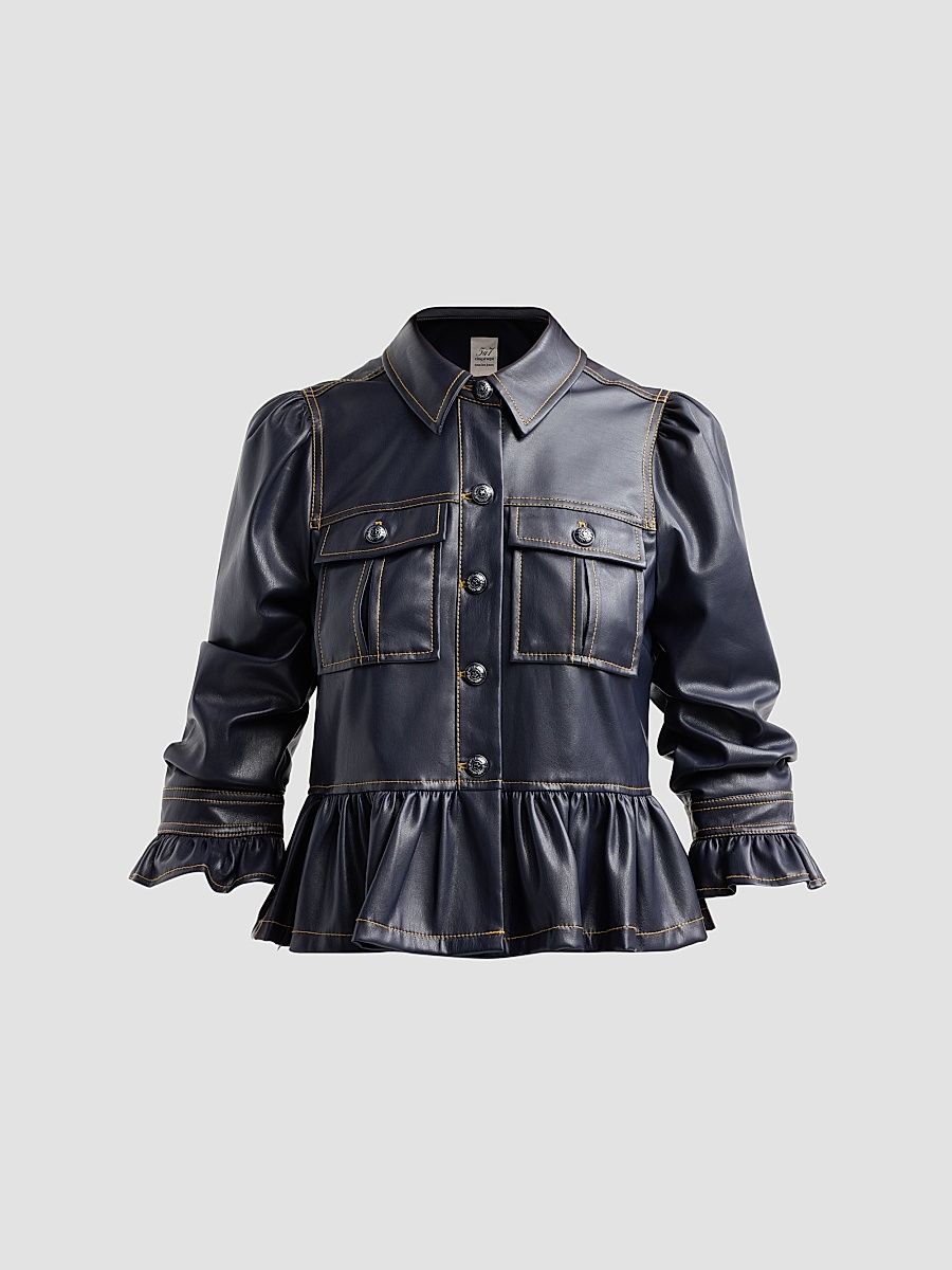 Women's Delanie Ruffled Faux-Leather Jacket - Navy Amber - Size XL
