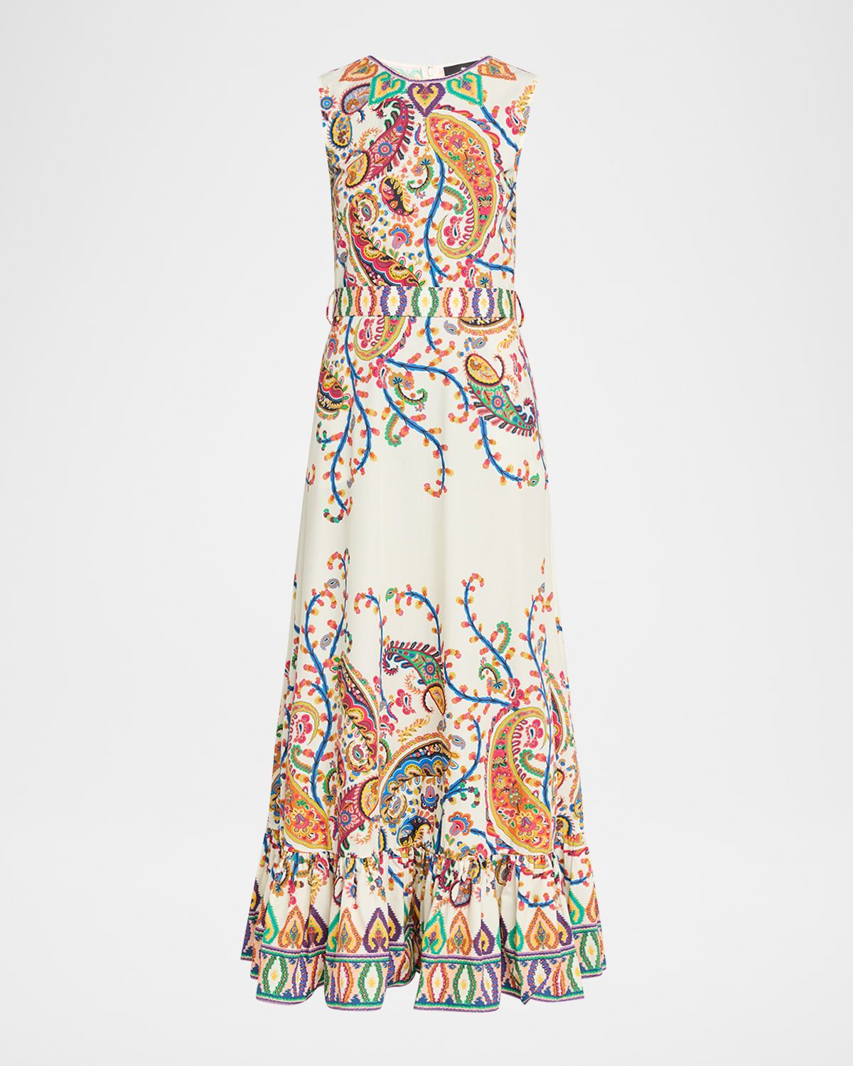 Paisley-Print Sleeveless Belted Maxi A-Line Dress