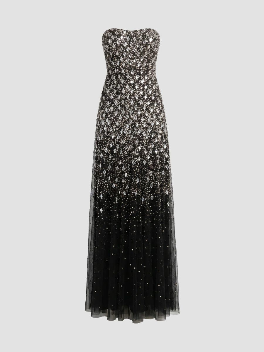 Mac Duggal Women's Beaded Mesh Strapless A-Line Gown - Black - Size 12