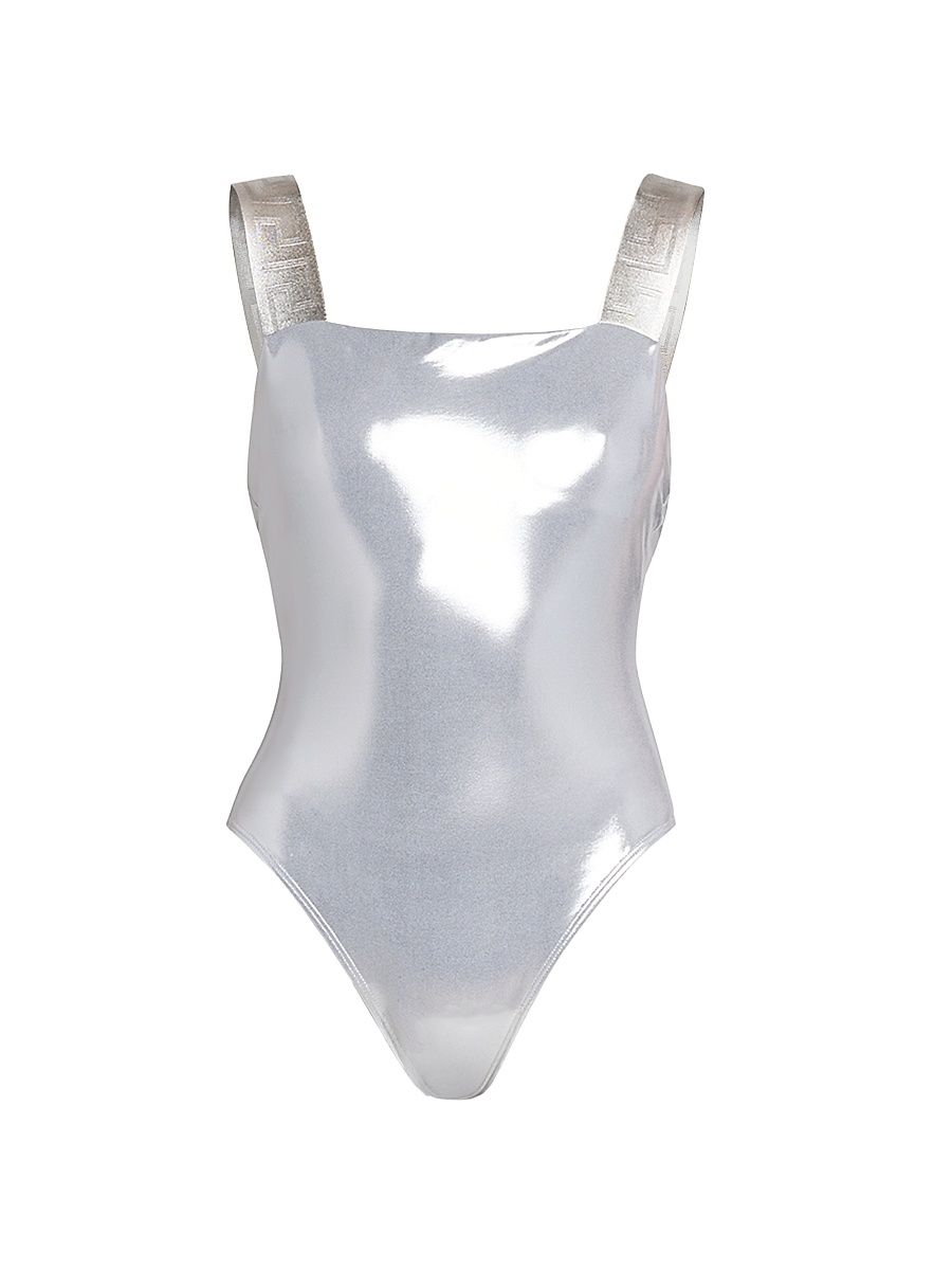 Women's Laminated Metallic One-Piece Swimsuit - Silver - Size XL