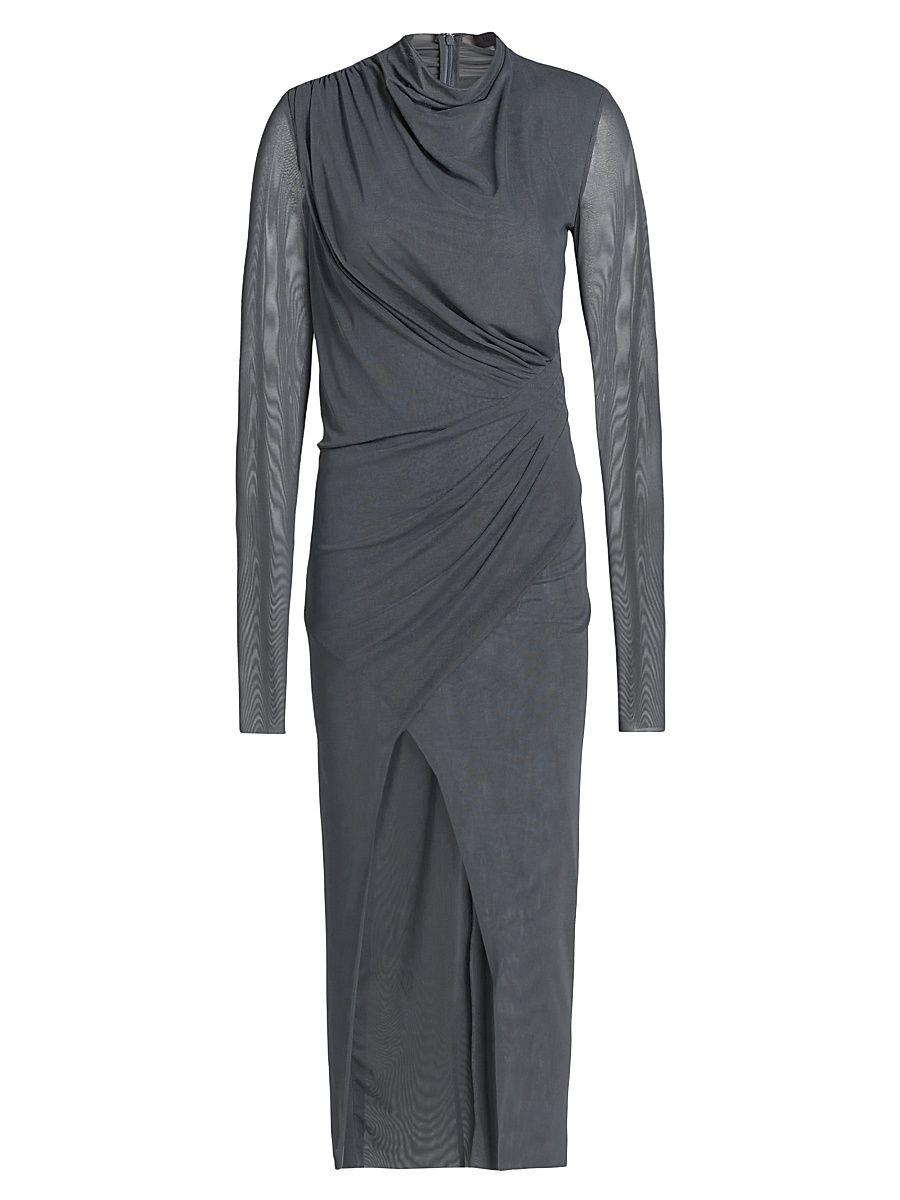 Women's Draped Mesh Mock-Turtleneck Midi-Dress - Gray Blue - Size XL