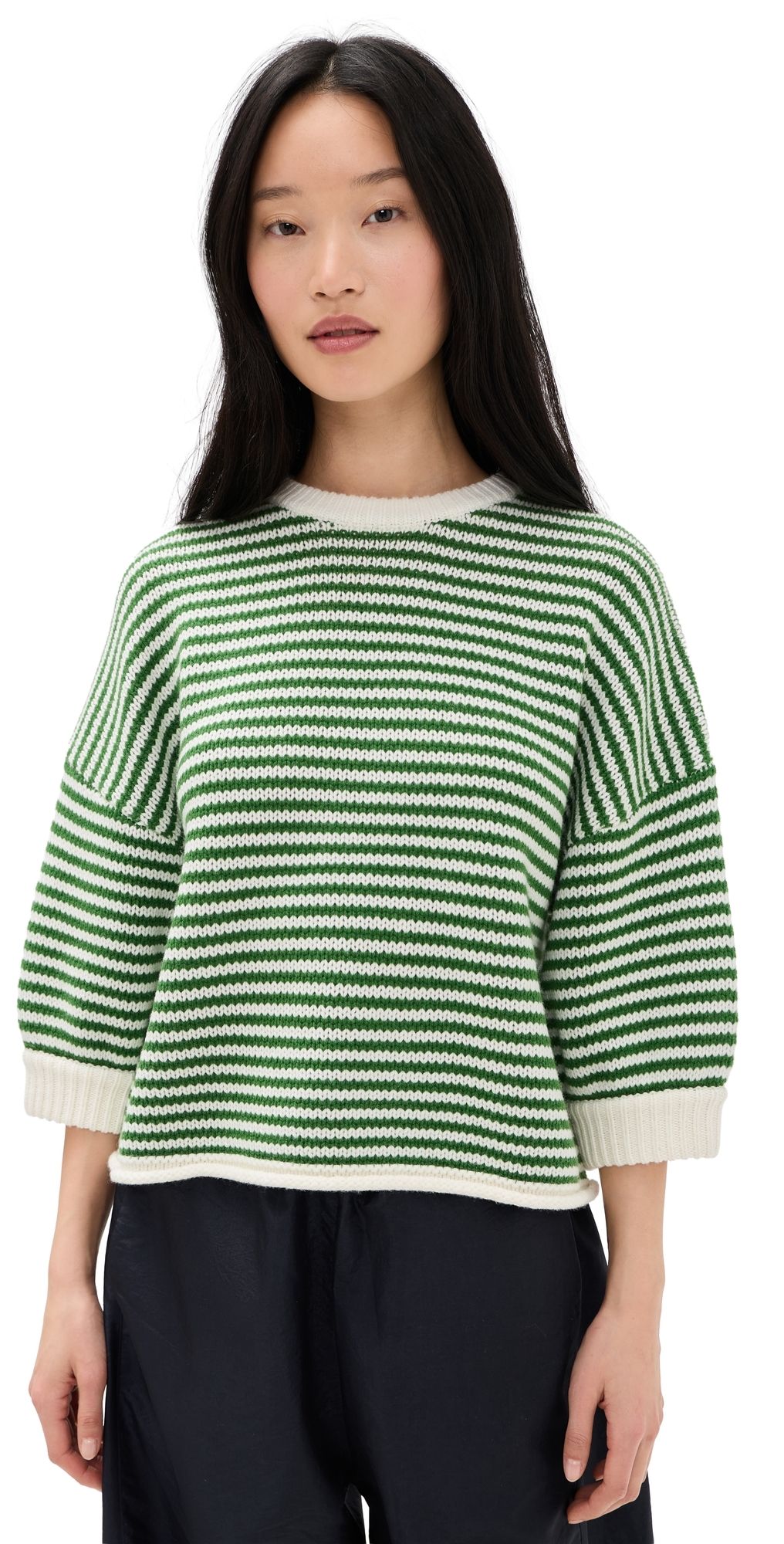 Secular Wool Knit Sweater Green Ivory Stripe XS
