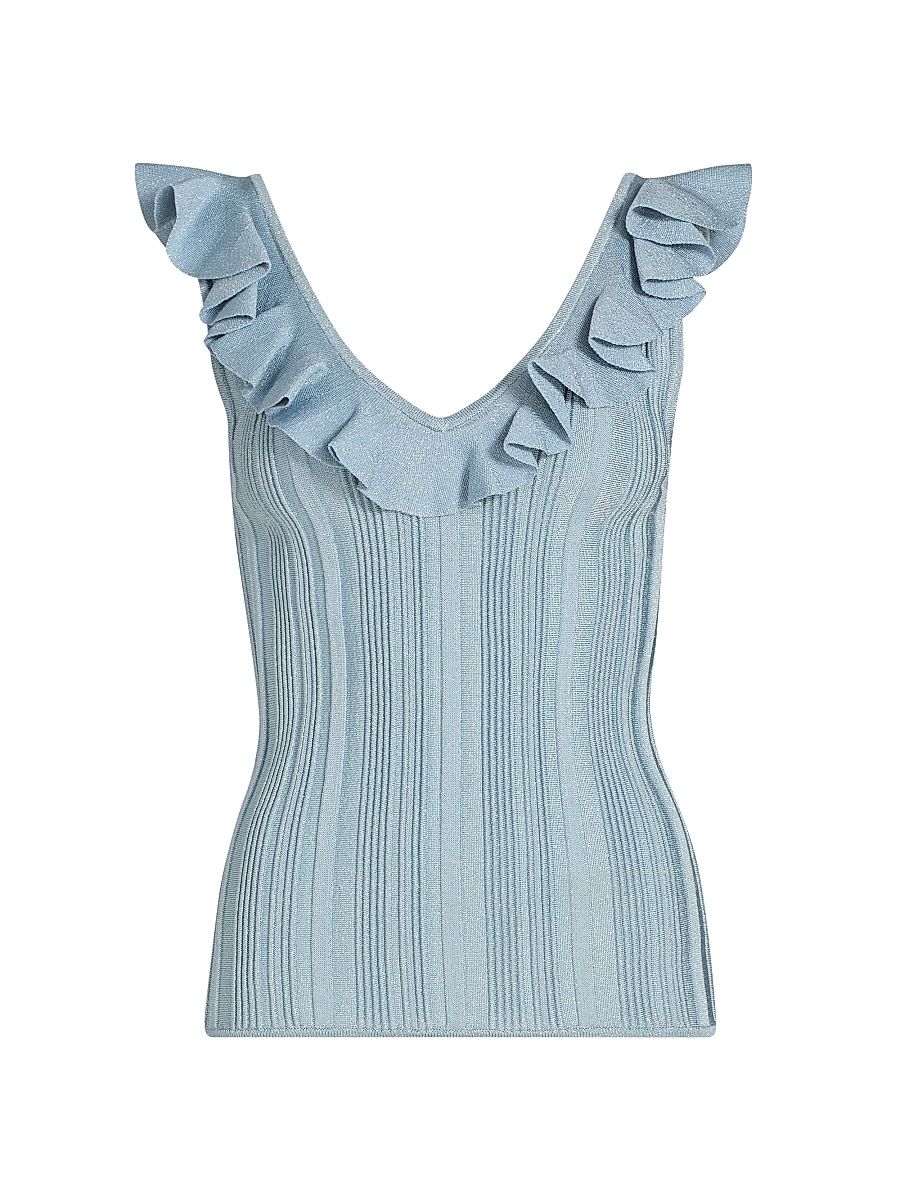 Women's Aster Metallic Rib-Knit Frill Top - Metallic Blue - Size 10