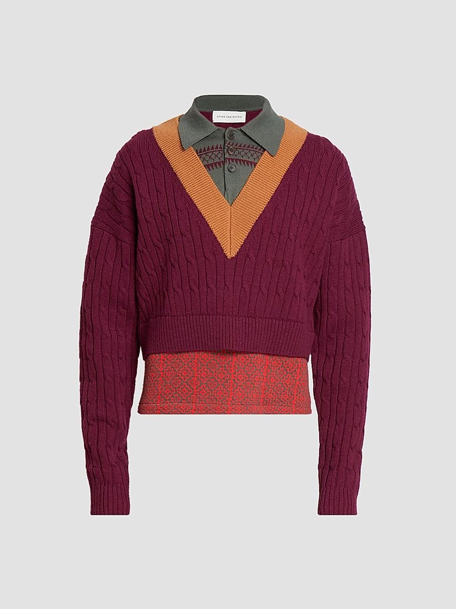 Men's Medan Layered Wool-Cotton Sweater - Bordeaux - Size Medium