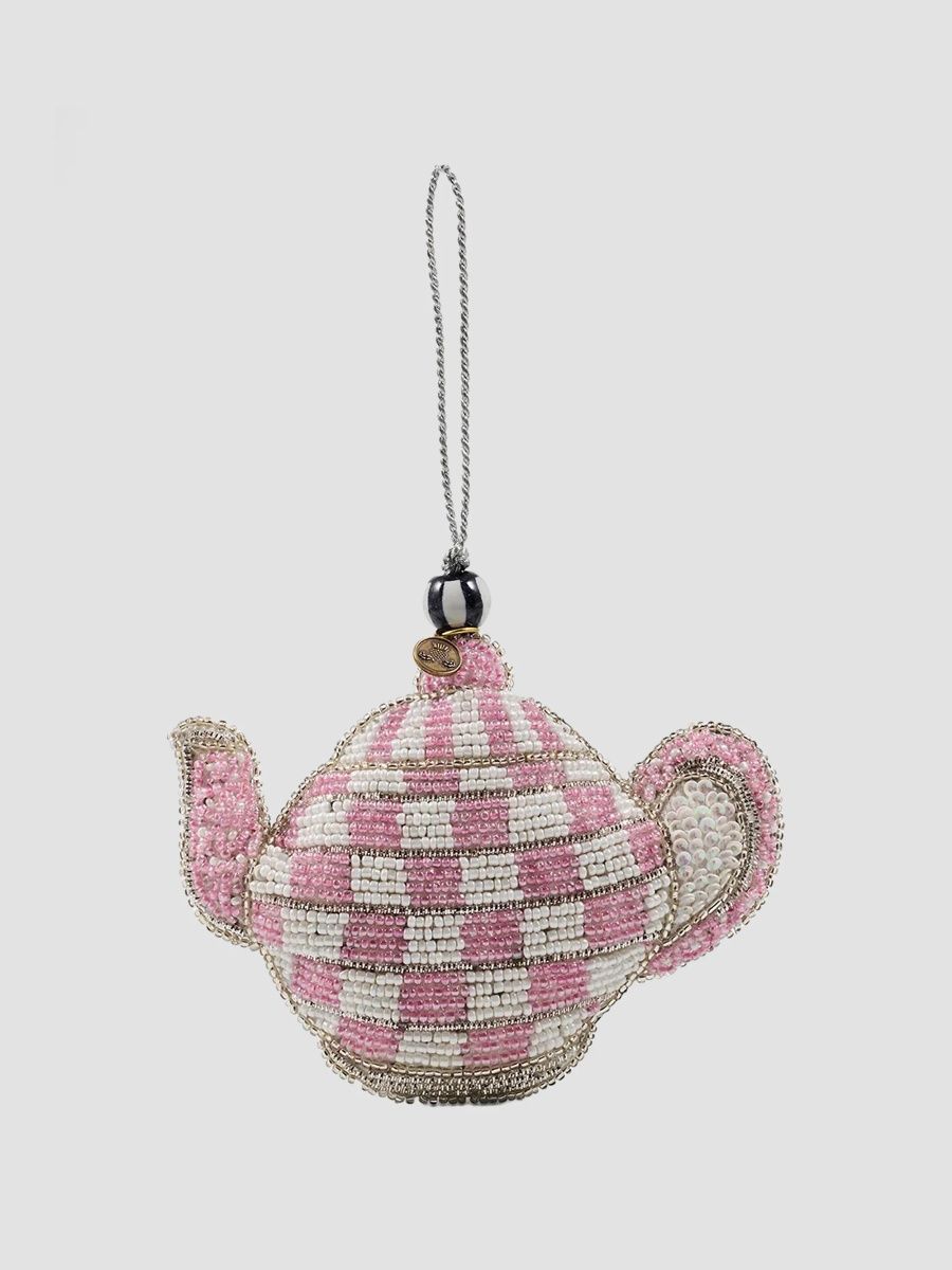 MacKenzie-Childs Rosy Check Beaded Teapot Ornament