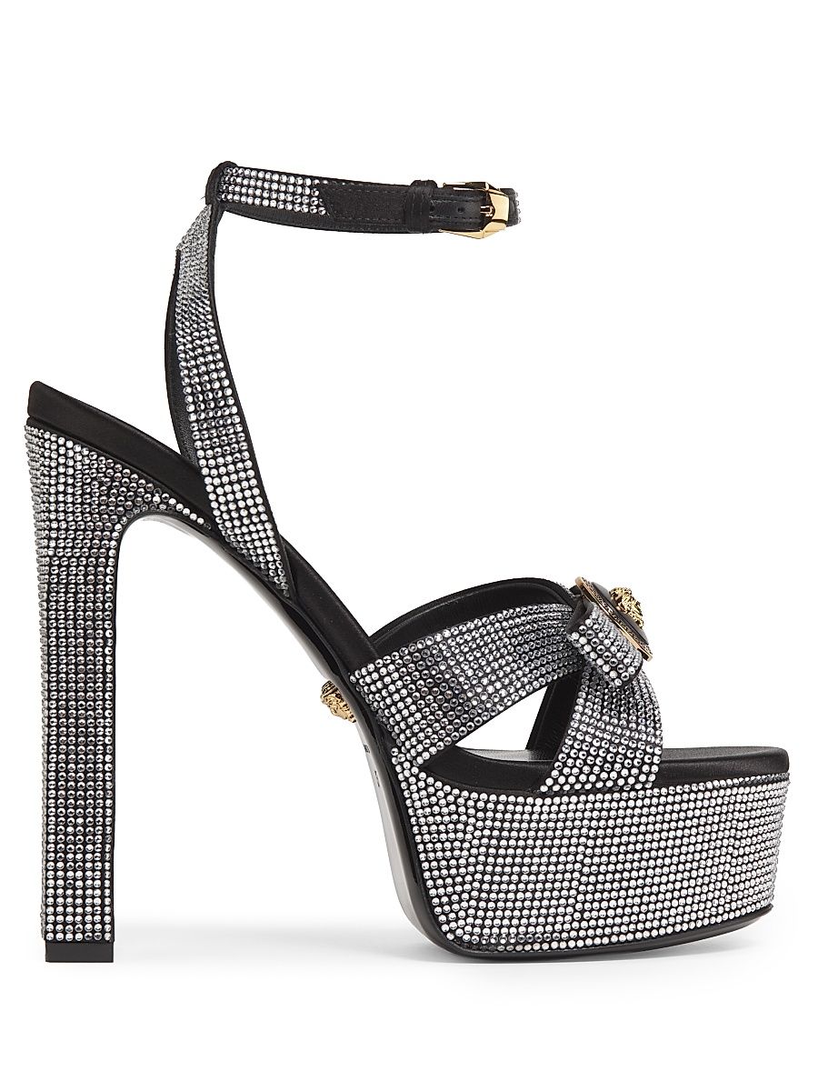 Women's Embellished Platform Sandals - Black Crystal Versace Gold - Size 8.5