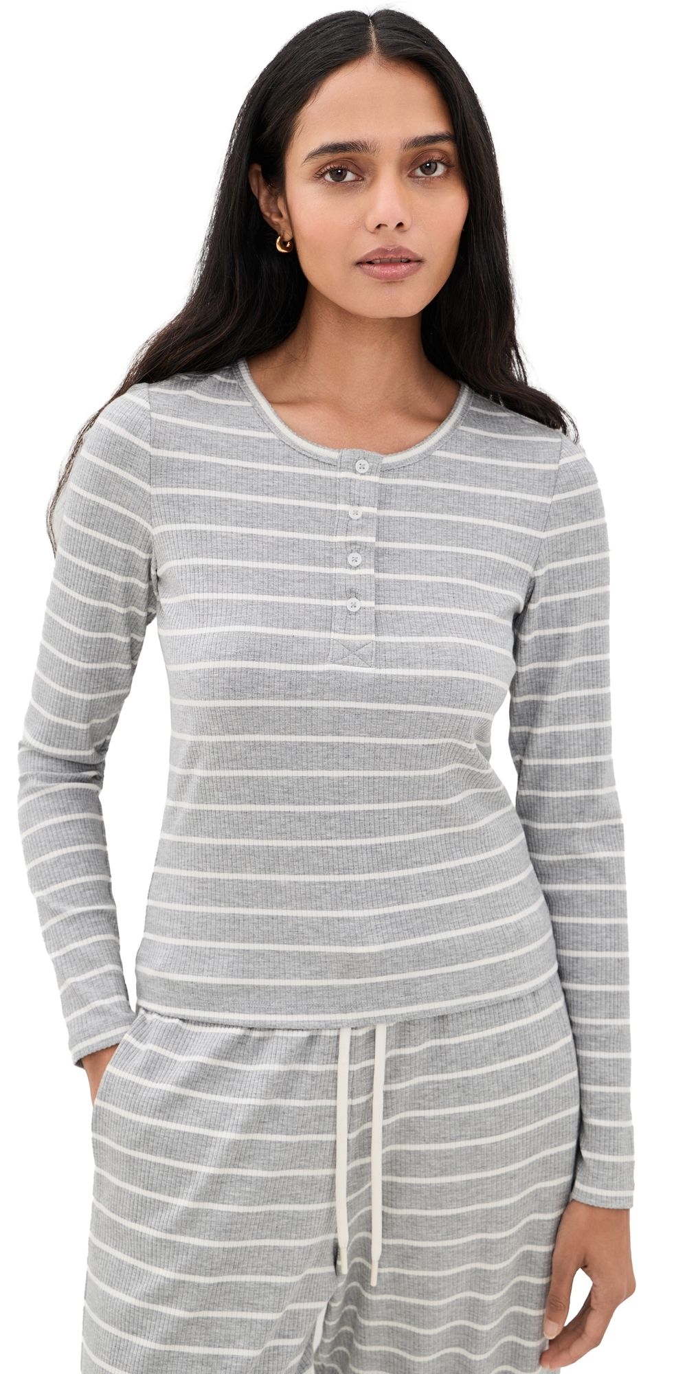 Year of Ours The Perfect Ribbed Henley Tee Hgrey/White L