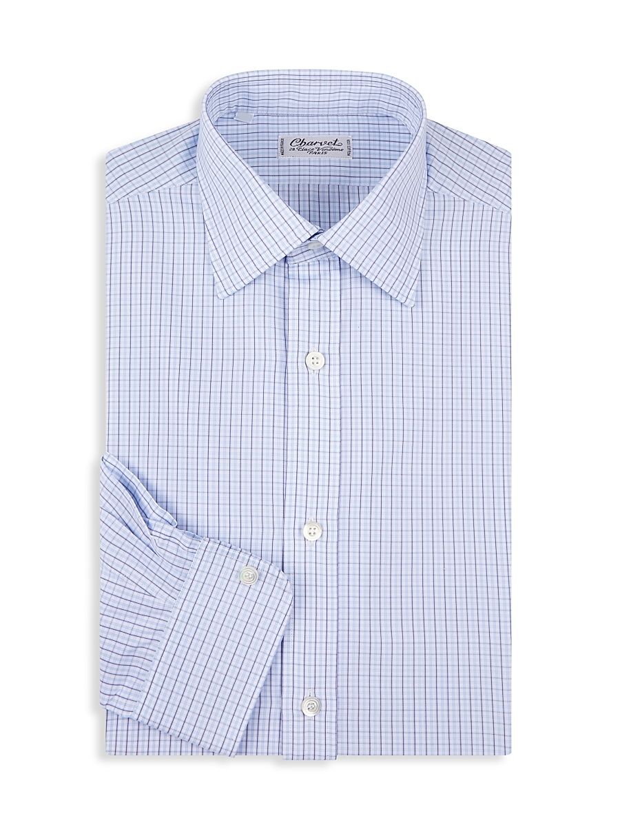 Men's Plaid Grid Cotton Dress Shirt - Blue - Size 17.5