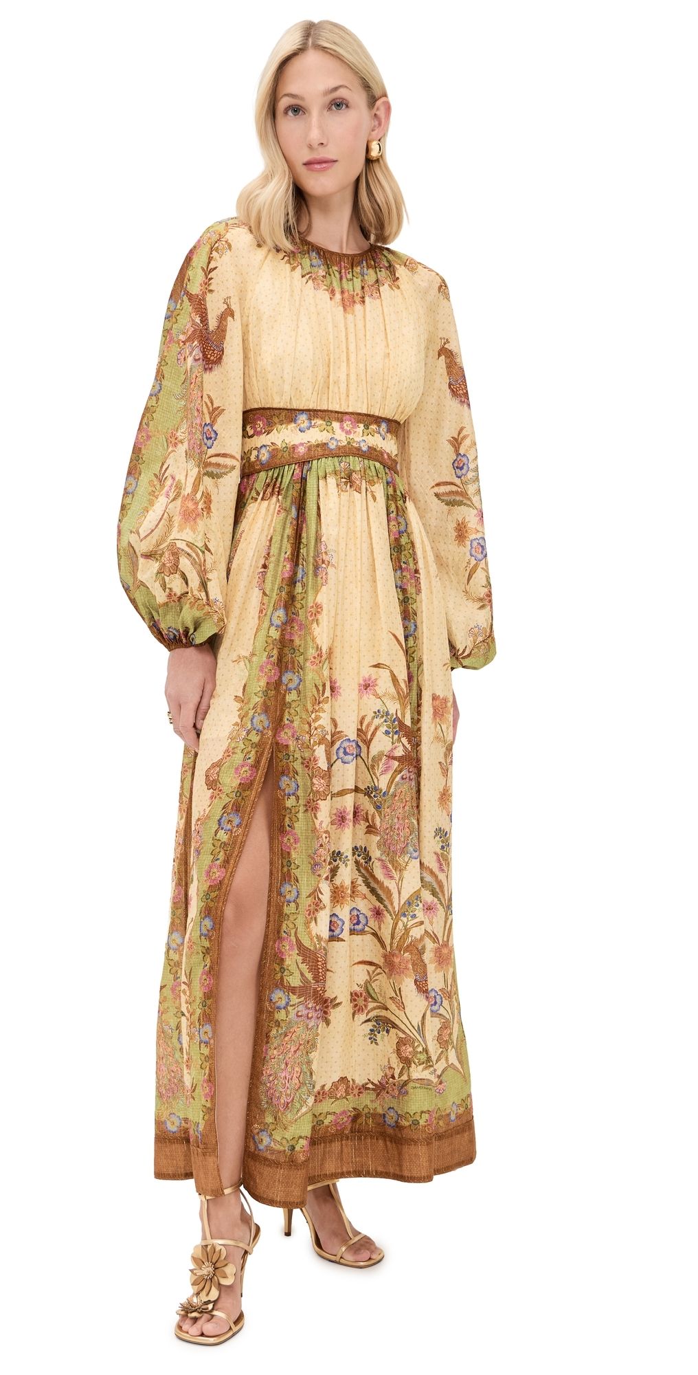 Zimmermann Indra Waisted Maxi Dress Cream Khaki Scarf Floral 1