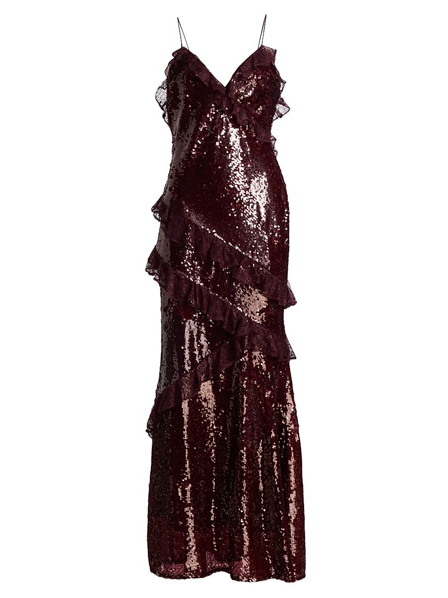 Women's Rialto Sequined Ruffled Maxi Dress - Bordeaux - Size 12