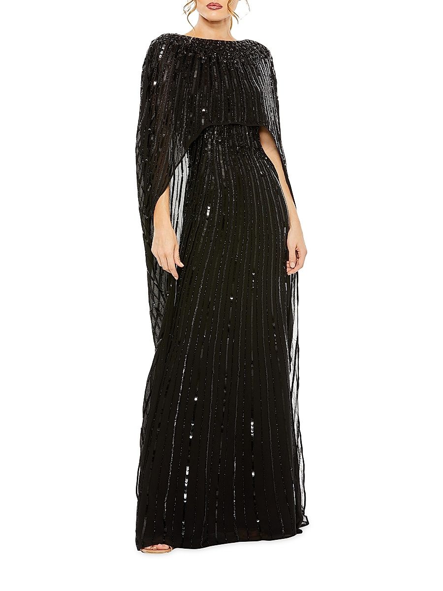 Women's Sequined Column Cape Gown - Black - Size 16