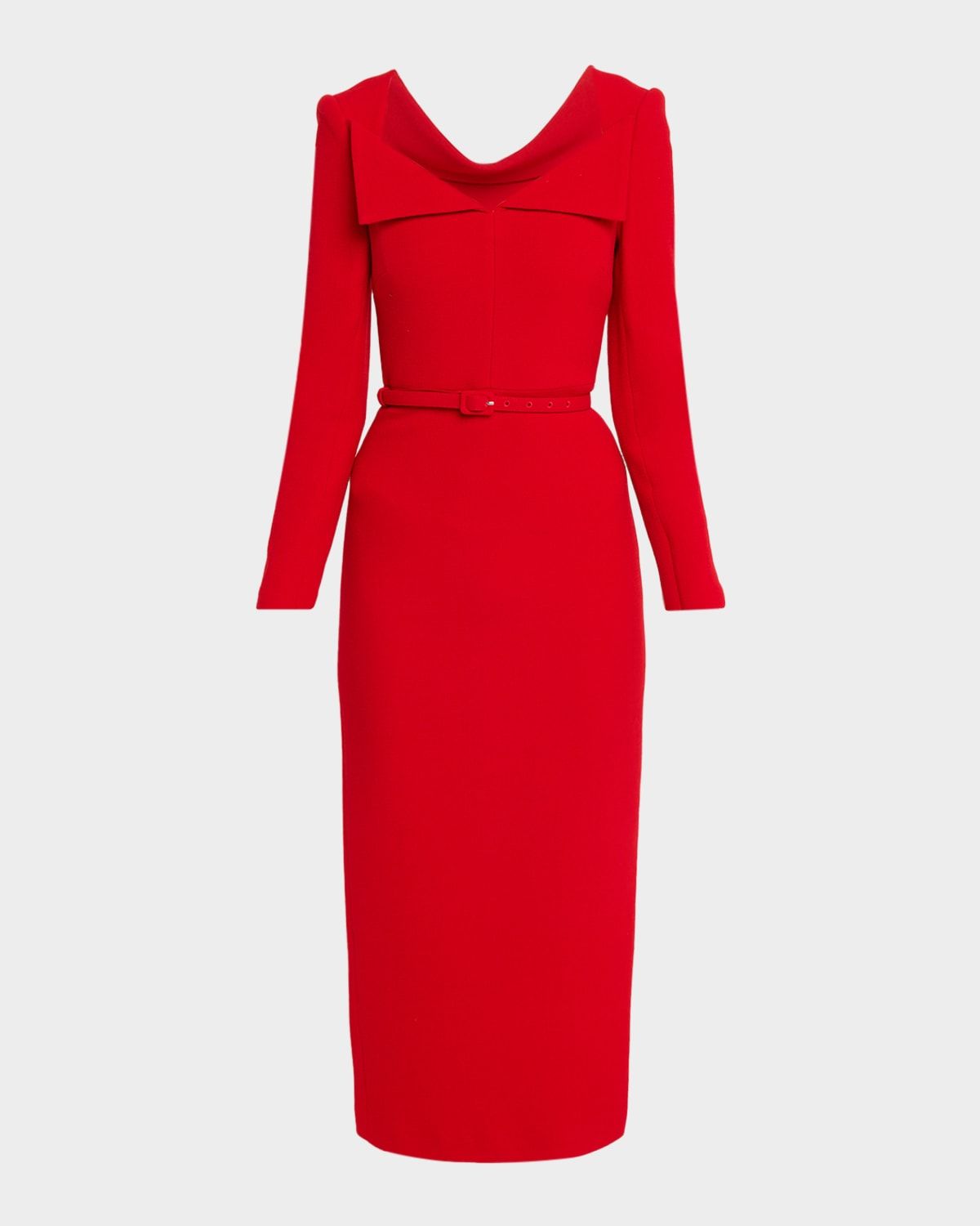 Square-Neck Belted Long-Sleeve Midi Dress