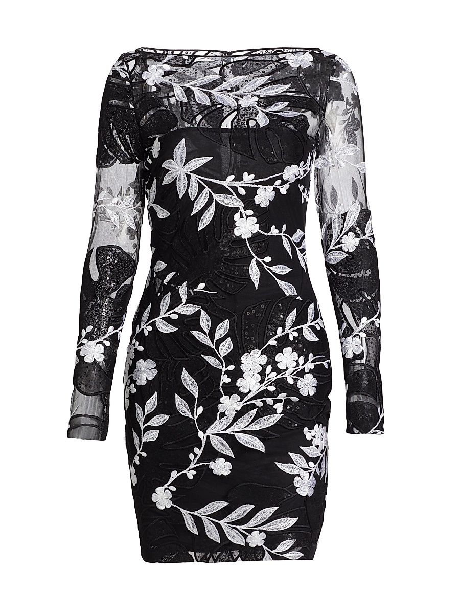 Women's Sequined & Floral- Embroidered Cocktail Minidress - Black White - Size 10