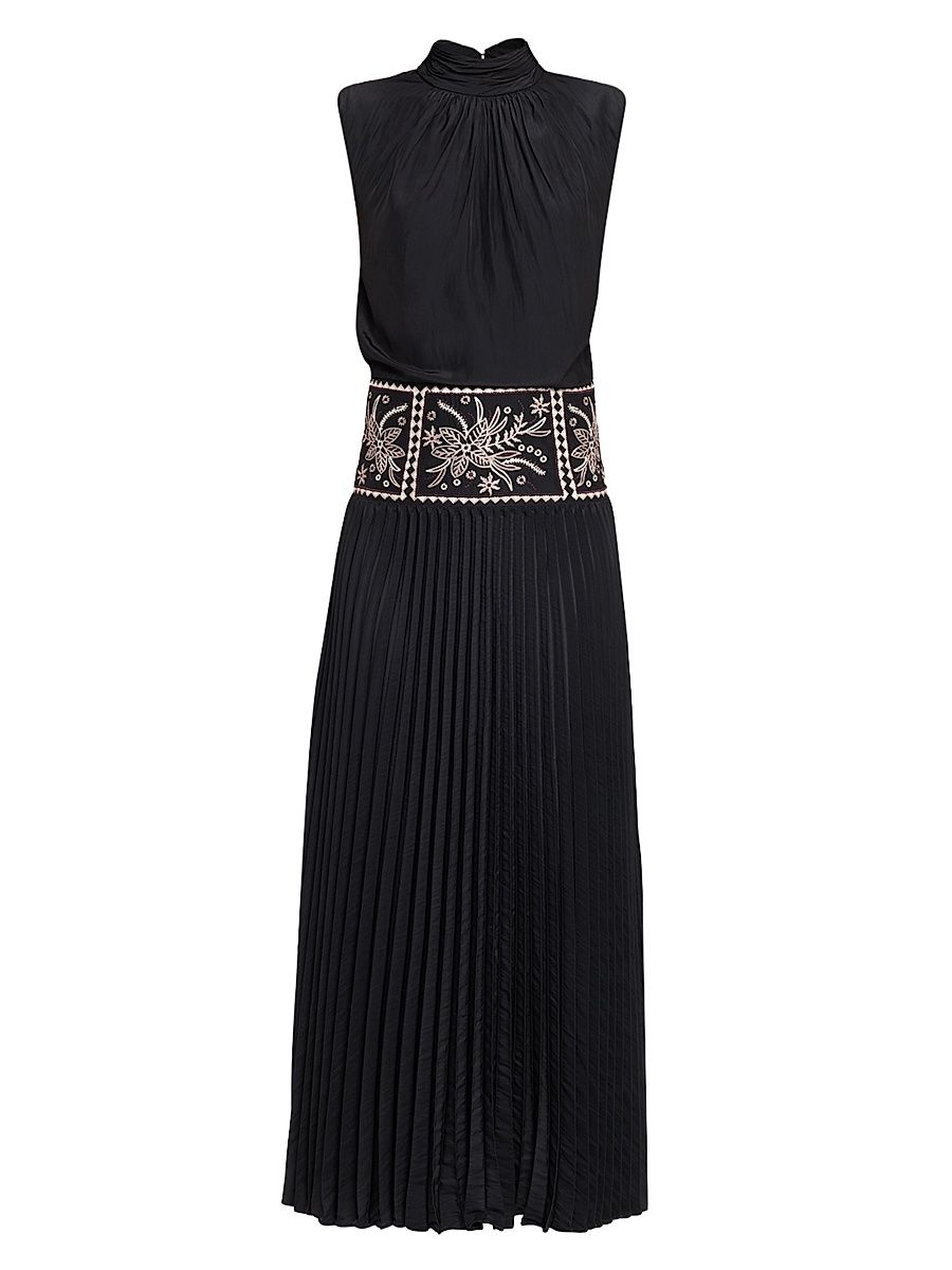 Women's Kimberly Embroidered Pleated Midi-Dress - Black - Size XL