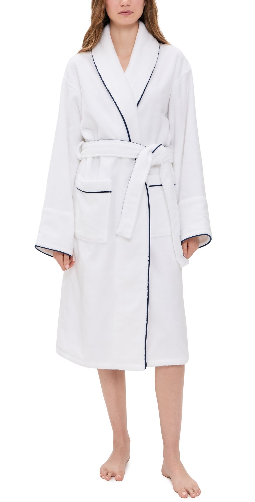 Petite Plume Unisex Luxe Terry Robe in White with Navy Piping White S/M
