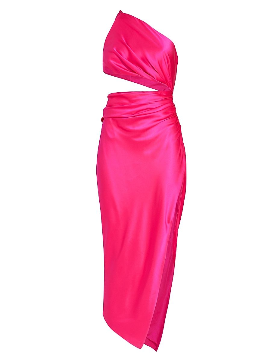 Women's Silk One-Shoulder Midi-Dress - Hot Pink - Size 8