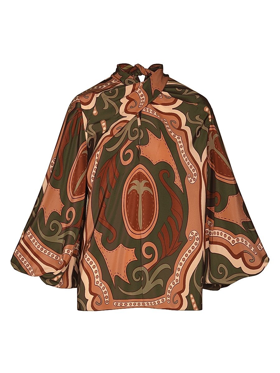 Women's Micaela Intricate Islands Abstract Silk Blouse - Green Light Pink Paprika - Size 2