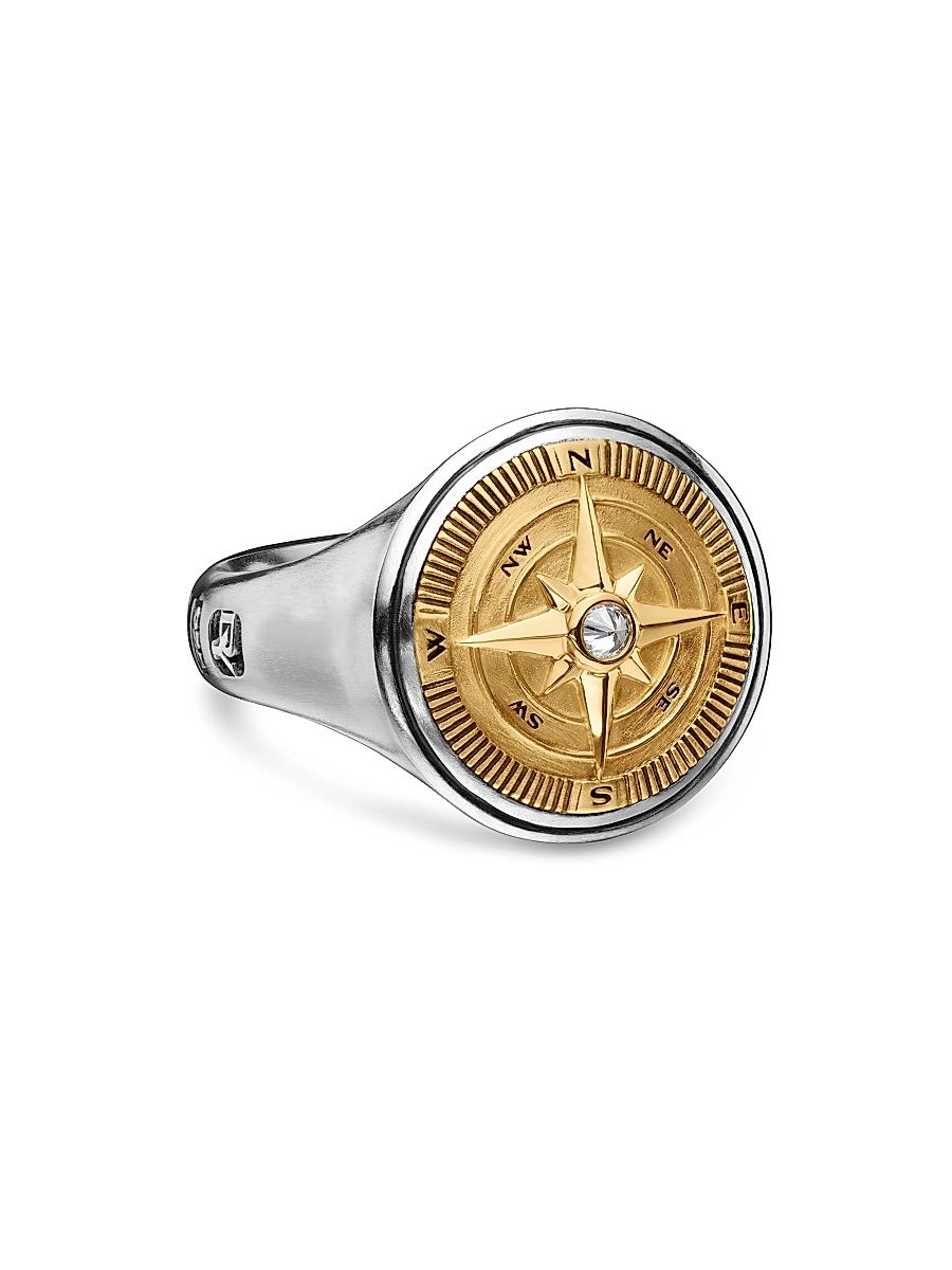 Men's Maritime Compass Signet Ring In Sterling Silver - Diamond - Size 7