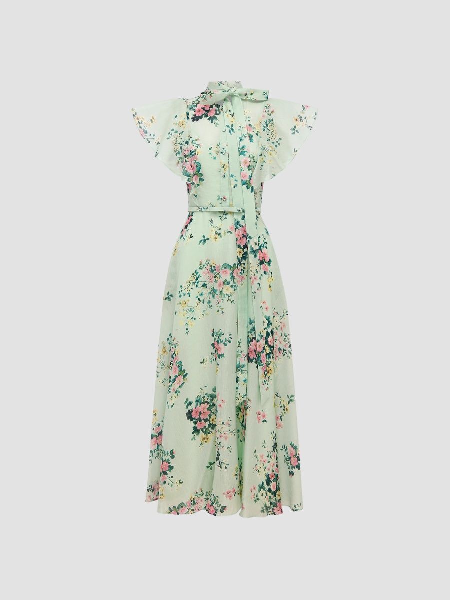 Women's Sojourn Elsie Posy-Print Linen-Silk A-Line Midi Dress - Posy In Mint - Size 2