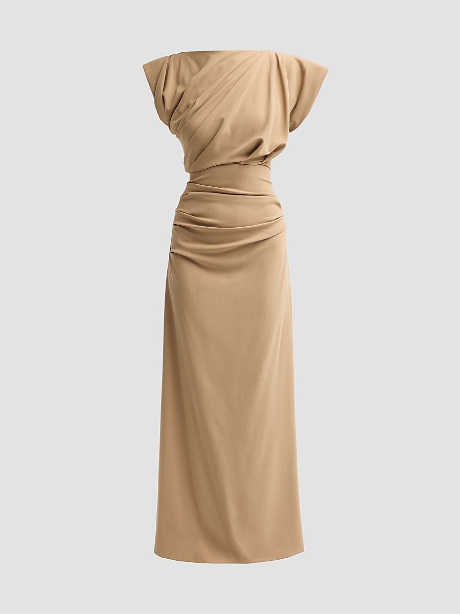 Women's Draped Stretch Wool Column Gown - Fawn - Size 10