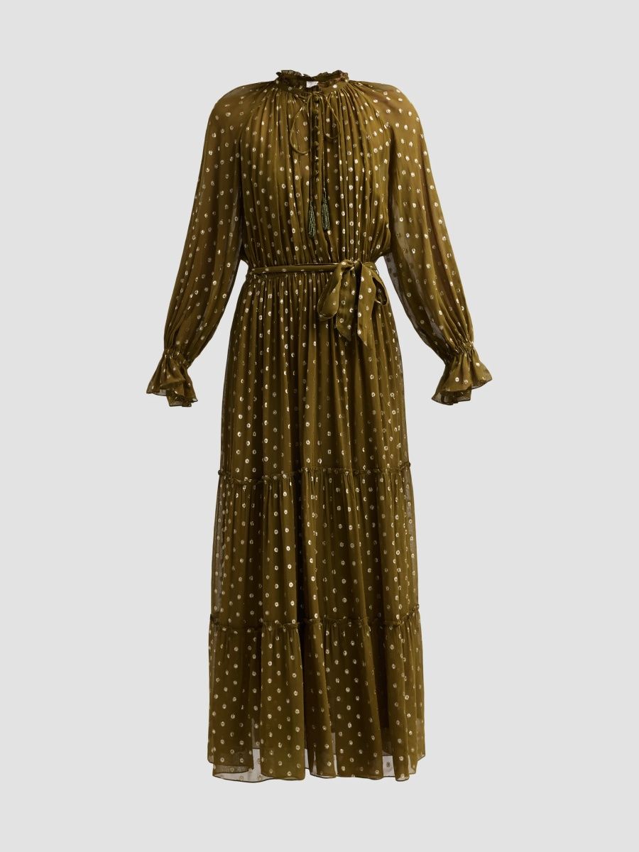 Hemant & Nandita Women's Metallic Polka Dot Tiered Maxi Dress - Olive - Size XL