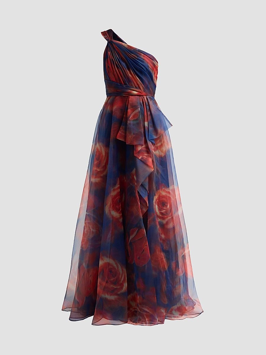 Theia Women's Meadow Organza One-Shoulder Gown - Blurred Roses Crimson Bloom - Size 16