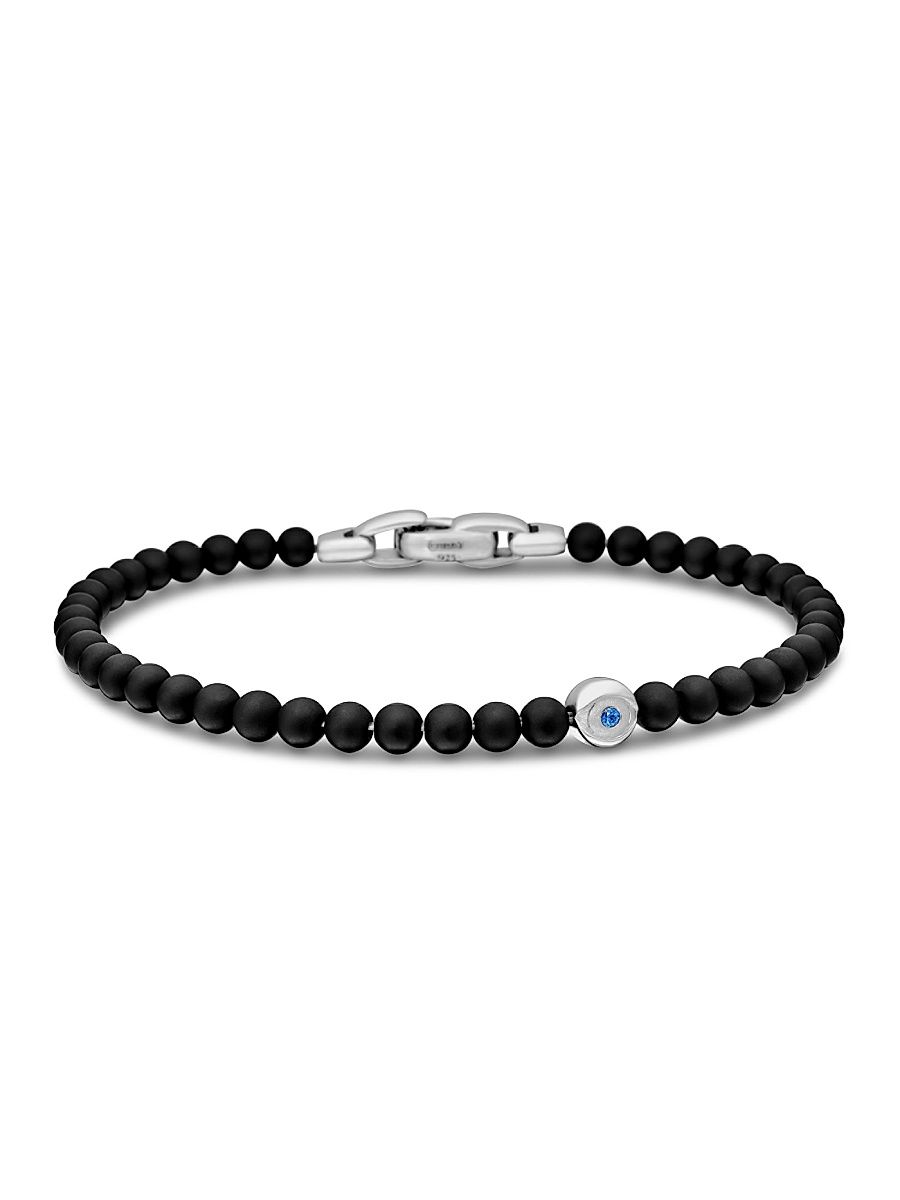 Men's Spiritual Beads Evil Eye Bracelet in Sterling Silver - Black Onyx - Size Medium