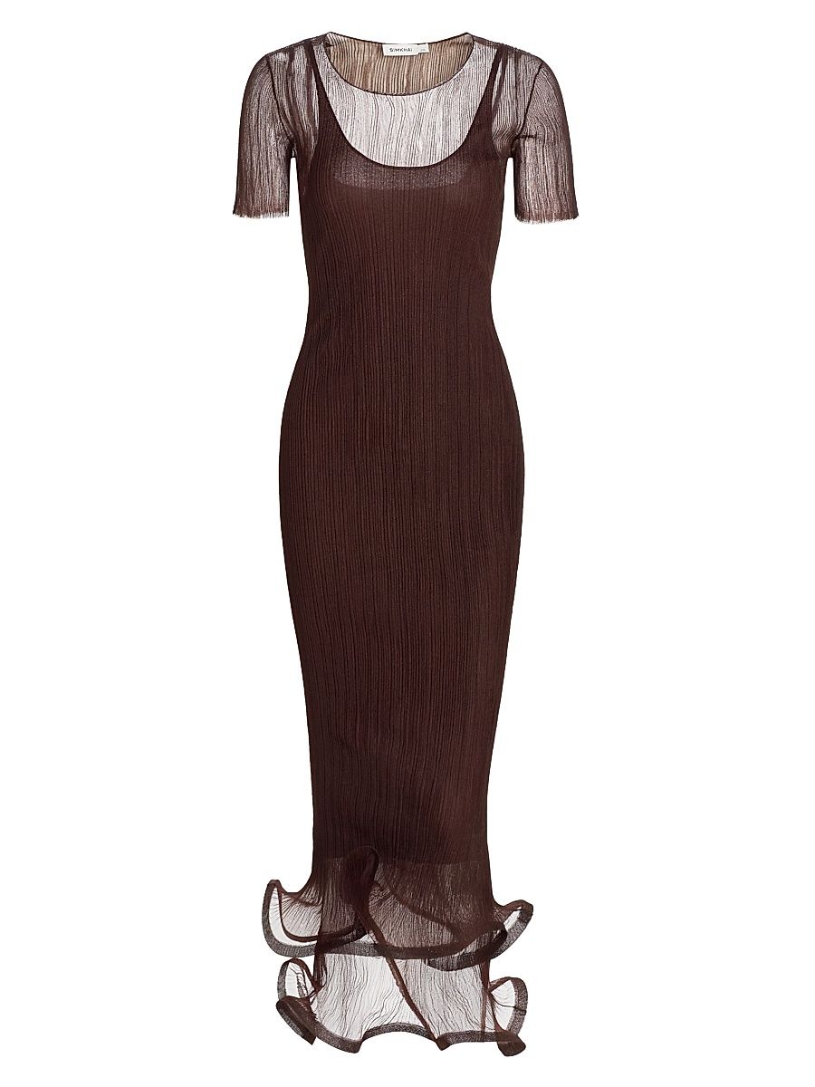 Women's Selena Pleated Chiffon Midi-Dress - Mahogany - Size Small