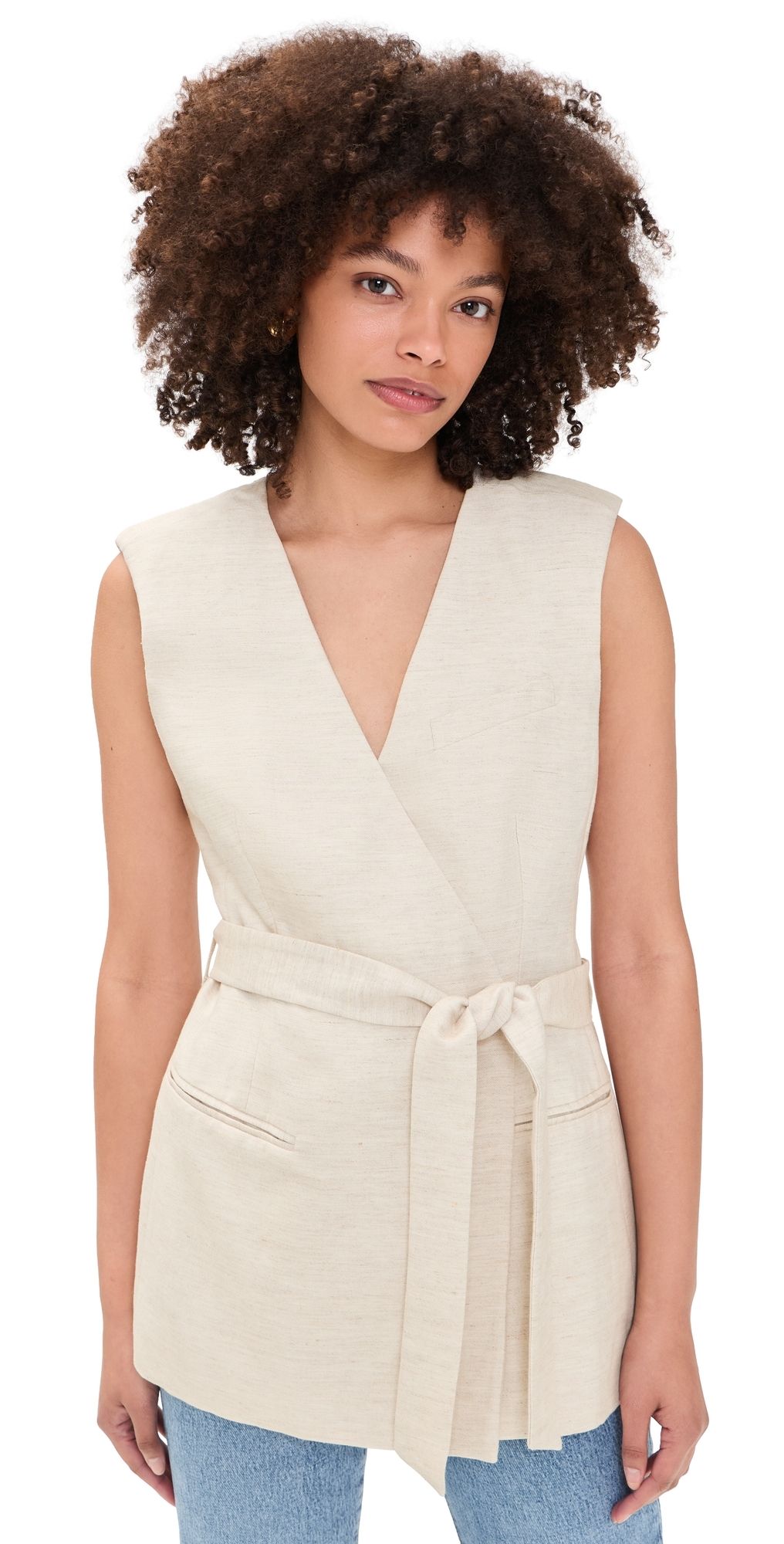 Good American Linen Blend Sleeveless Belted Vest Oat S