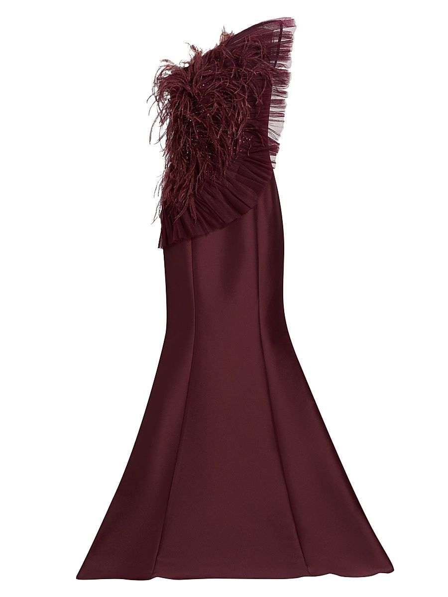 Women's Feather-Tulle Strapless Fit & Flare Gown - Wine - Size 8