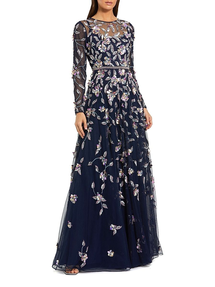 Women's Floral Embellished Mesh Long-Sleeve Gown - Midnight Multi - Size 18