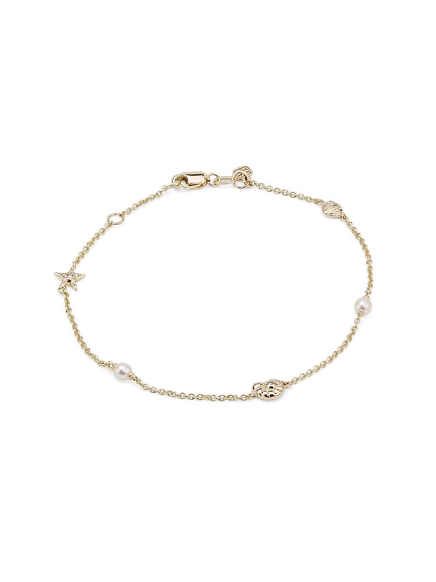 Women's 14K Yellow Gold, Cultured Freshwater Pearl & 0.03 TCW Diamond Sea Charm Bracelet - Yellow Gold